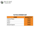 Stainless Steel Delight Solid Dinner Set Of 16 Pieces, Silver | 4 Dinner Plates+ 4 Glasses+ 4 Bowls+ 4 Dessert Spoons - Easy To Clean & Dishwasher-Safe